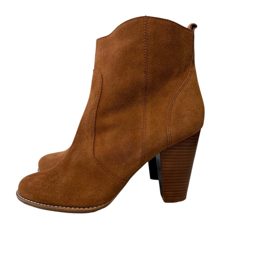 Joie Dalton Suede Woven Booties Cone Heel Zipper Closure Camel Brown